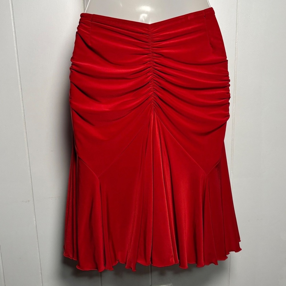 Red Ruched Mermaid Midi Skirt Ruffle Hem Dance Salsa Bodycon Made in USA Sz S - Picture 2 of 11